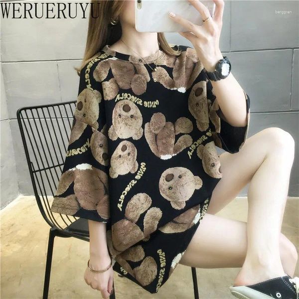 Camisetas para mujeres Cartoon Bear Graphic Womens Y2K Tops White Negro Corea Corea Manga corta Camiseta Long For Women 2024