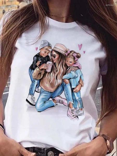 T-shirts pour femmes dessin animé maman et fils fille motif imprimé femme t-shirt d'été décontracté harajuku y2k top bourdonnant la vie courte manche