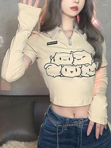 T-shirts pour femmes Chemise d'impression de dessin animé Femmes Summer Revers détachable à manches longues Crop Top Style coréen Sweet Tops Kawaii Streetwear Vêtements