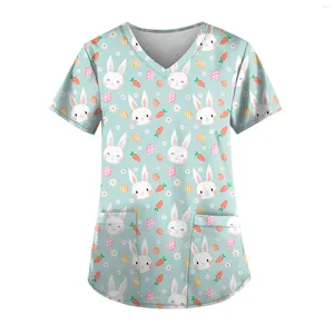 T-shirts pour femmes T-shirts de dessin animé imprimé uniforme de soins infirmiers femmes poche chemisier de travail chemise thérapeute à manches courtes col en V gommage hauts soins de santé