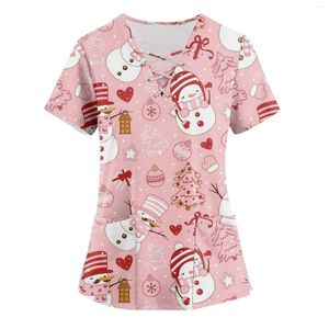 Dames T-shirts Cartoon Gedrukt Scrub Tops Verpleegster Werken Uniform Kruis V-hals Kerstmissneeuwman Grafische T-shirts met korte mouwen en zakken