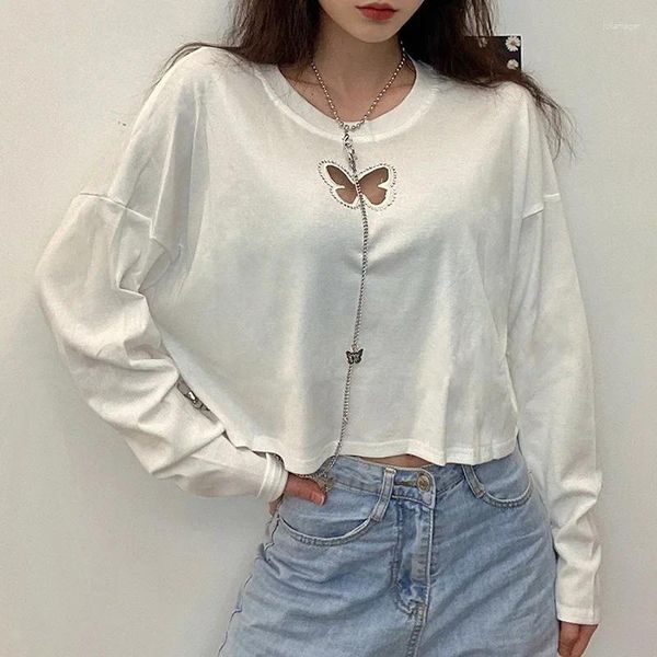 T-shirts Femmes Casual College Style Femmes Coton Tops Automne Cut Out T-shirt avec décoration de chaîne chic 2024 Whiter Loose Streetwear