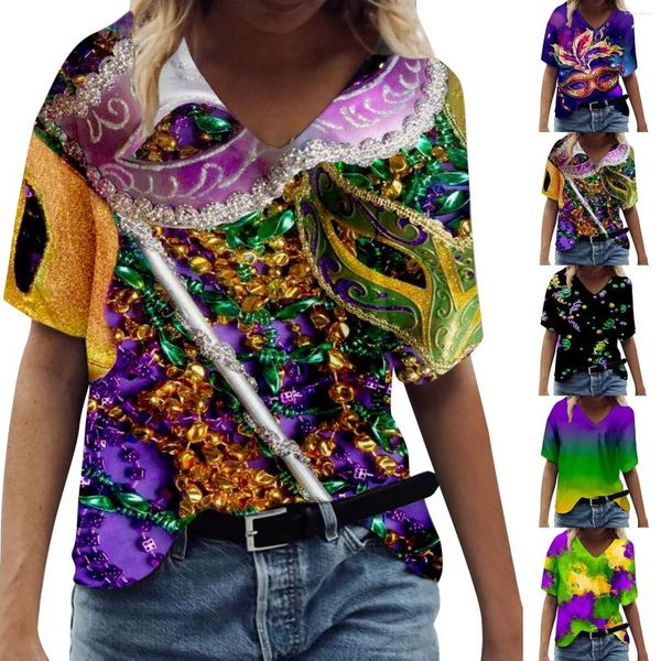 T-shirts pour femmes décontracté élégant col en V carnaval imprimé à manches courtes chemise haute mode pour les femmes Polyester hauts