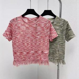 T-shirts pour femmes franges rond rond tricot à manches courtes t-shirts d'été féminins