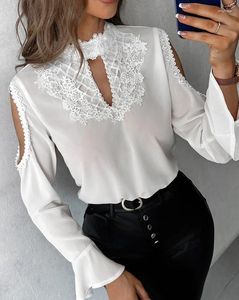 Dames T-shirts Casual kanten blouse Dameskleding Lente Zomer Keyhole Neck Gehaakte top met lange mouwen Effen slanke uitsparing