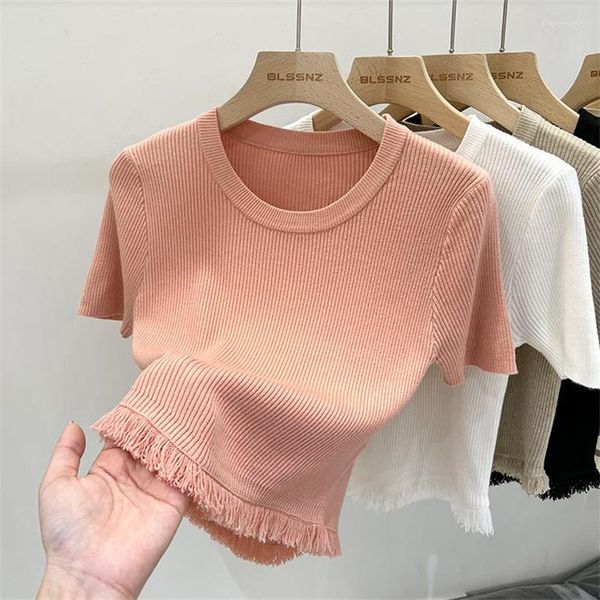 Camisetas de mujer Casual sólido rosa flecos cuello redondo de punto de manga corta de verano para mujer camiseta 2023 francés Slim Fit Skinny Tops