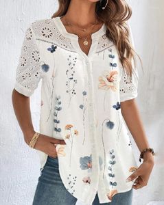 Dames t shirts casual zomer dames top fashion hollow out v-neck floral print notch neck eyelet borduurwerk 2023 ottd