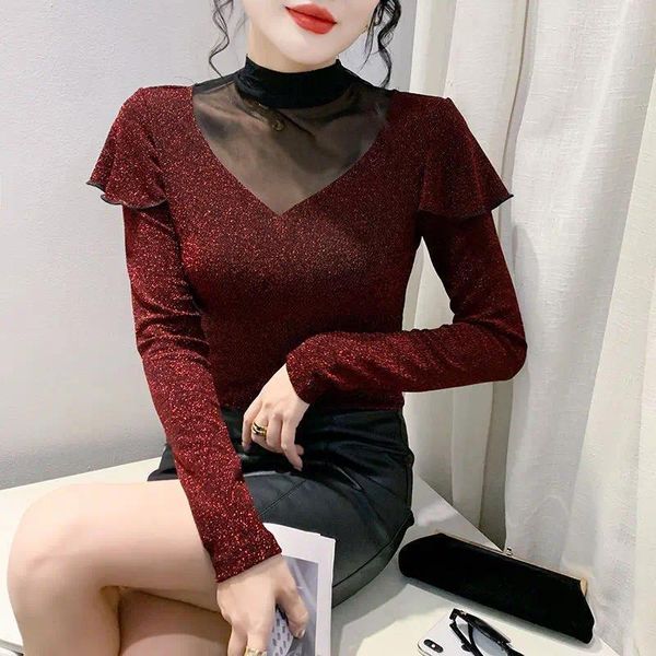 T-shirts pour femmes T-shirts décontractés mode coréenne Patchwork dames couleur unie hauts évider 2024 sous-manteau à manches longues vêtements