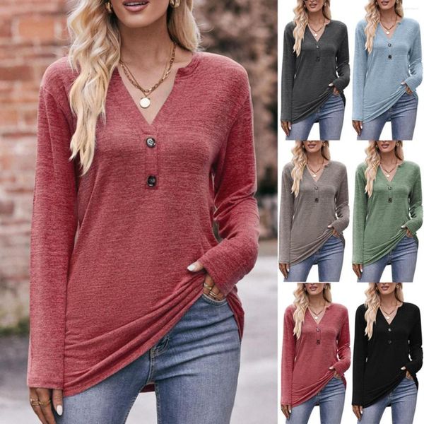 Camisetas de mujer Casual cuello en V botón cepillado camisa poliéster mujer Navidad vestido blusa túnica Tops manga larga