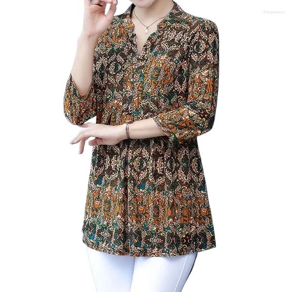 T-shirts pour femmes vintage décontractée 3/4 à manches t-shirts imprimés d'été femelles diamants coréens de mode en V