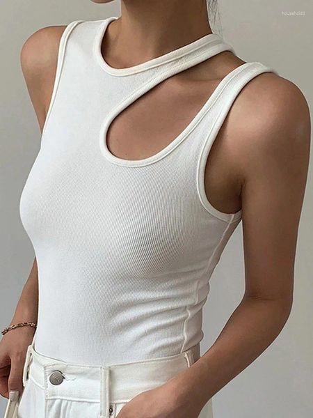 T-shirts pour femmes Casual White Cut Shirt Femmes Col rond Sans manches Coréen Slim Vêtements 2024 Mode d'été