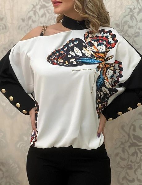 Camisetas para mujer Casual Mujeres Blusa asimétrica con cuello colgante Un hombro Colorblock Mariposa Estampado abotonado Cadena Top Primavera