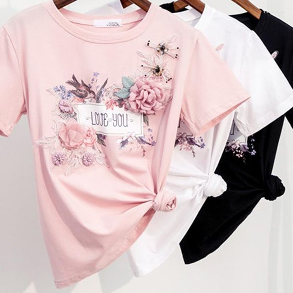 T-shirts femme Chic fleurs perles paillettes été Kawaii vêtements rose noir blanc graphique t-shirts femmes Harajuku mignon hauts t-shirt C26