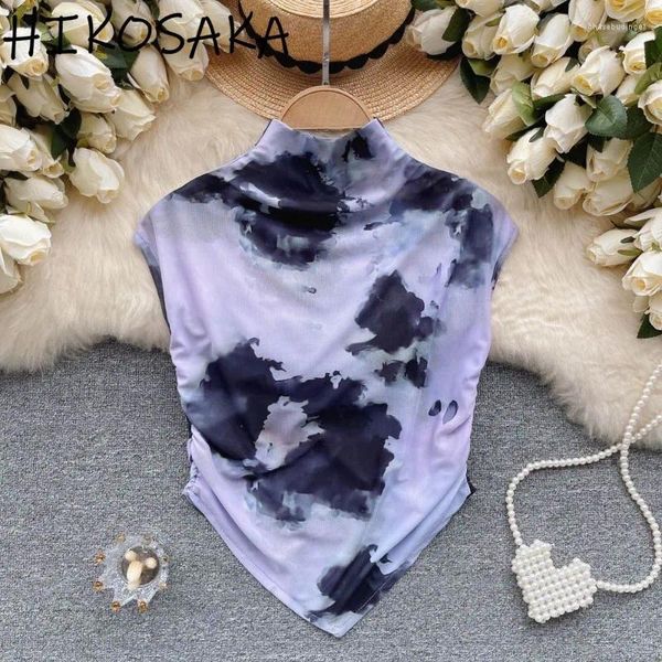 Camisetas de mujeres Nicho elegante Nicho Half Alto Collar Elegante Camisetas sin mangas Vintage Tie Dye Mesh plisado Top de cultivo irregular All-Match Y2K Tee