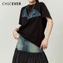 T-shirts pour femmes Chicever Patchwork Denim Colorblock Shirt Fomen Women Round Neck Short Spliced ​​Lacet Up Falle Casual Femme