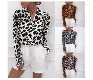 Camisetas de mujer, blusa de gasa, manga larga, estampado de leopardo Sexy, cuello vuelto, camisa de oficina para mujer, túnica, Tops holgados informales, Blusas de gran tamaño