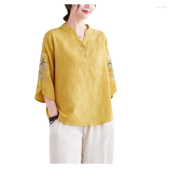 Camisetas de mujer de estilo chino para mujer, camiseta elegante Retro de manga media con cuello alto bordado de algodón de verano para mujer