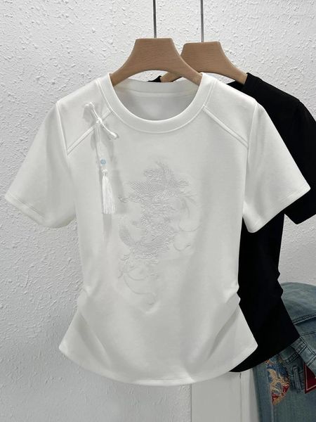 Camisetas para mujeres Estilo chino Phoenix Bordado Bordado Camiseta de algodón de manga corta Camiseta de algodón para mujeres de verano