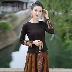 Dames T-shirts Chinese tops Etnische stijl Harajuku Lente Herfst Vintage Katoen Borduren Stiksels Basis T-shirt Lange mouwen O-kraag