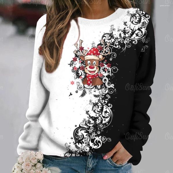 T-shirts Femmes Noël Elk Graphic T-shirt en coton pour femmes Automne O Cou Pull surdimensionné Tops Femme Harajuku Casual Manches longues