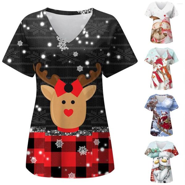 T-shirts pour femmes Noël Santa Womens manches courtes col en V haut imprimé infirmières blouse de travail avec poches été mignon