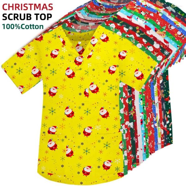 T-shirts pour femmes Blouses de Noël Tops Santa Print Coton Dentiste Laboratoire Vétérinaire Pharmacie Pet Shop Hôpital Médical Infirmières Médecins Uniformes Femmes