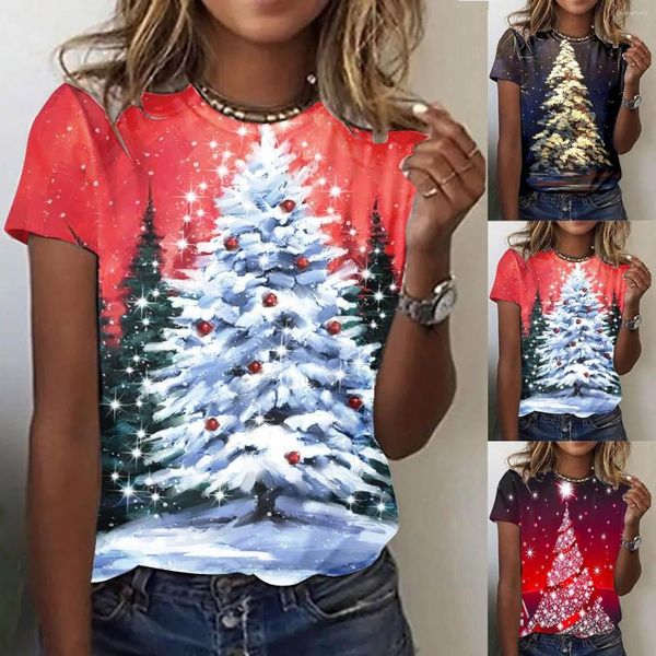 T-shirts pour femmes Tops de Noël pour les femmes Flocon de neige Arbres de Noël 3D Imprimé Dames Casual Manches courtes O-Cou Fun Graphic Tees Streetwear