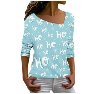 Dames t shirts kerstbomen print t-shirt dames herfst winter mode skew kraag met lange mouwen vrouwelijke pullovers