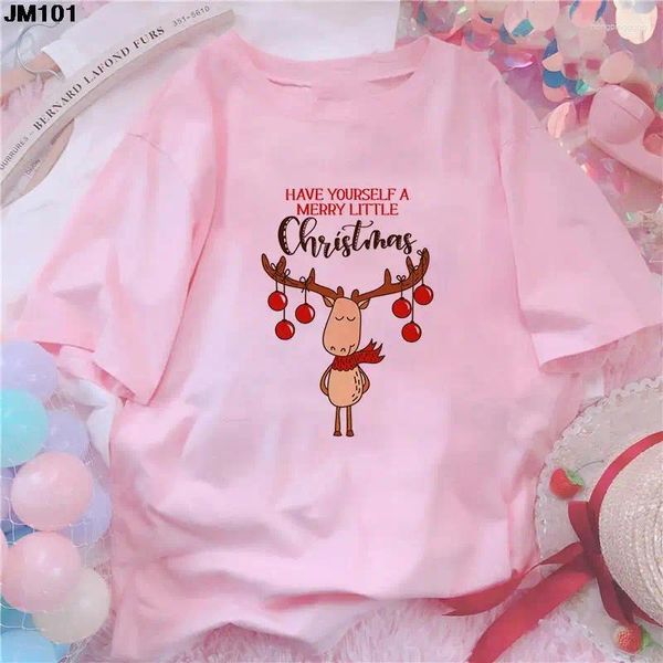 T-shirts Femmes T-shirts de Noël Mode Père Noël Chemise imprimée Femmes Dessin animé Renne Funny Print Rose Top Tee Femme T-shirt