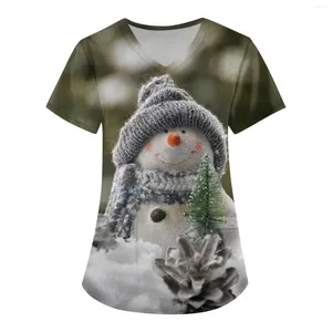 Vrouwen T-shirts Kerst V-hals Pocket Verpleging Scrubs T-Shirt Uniformen Vrouwen Kleding 3d Sneeuwpop Patroon Tops Camisetas