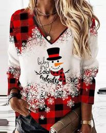 T-shirts femme noël haut pour femme 2023 automne mode bonhomme de neige flocon de neige imprimé à carreaux décontracté col en v à manches longues T-Shirt