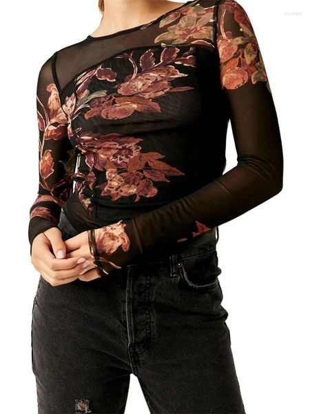 T-shirts Femmes Chronstyle Femmes Mesh See Through Slim Fit Tees Crop Tops Floral Print T-shirts à manches longues à col rond pour le printemps été