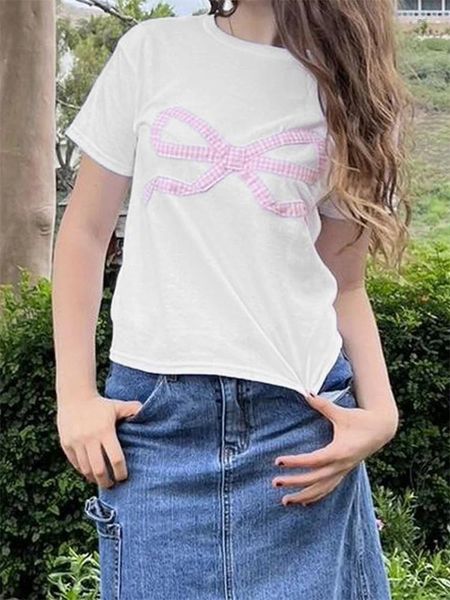 Camisetas para mujer CHRONSTYLE Camisetas para mujer Cuello redondo Manga corta Patrón de bowknot Patchwork Slim Fit Summer Streetwear Camisetas casuales Crop Top