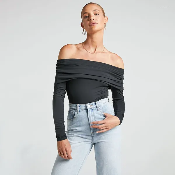 T-shirts pour femmes CINESSD 2023 Sexy Serré Automne Tube Top Double Ville Pliant Hors Épaule Manches Longues Combinaison