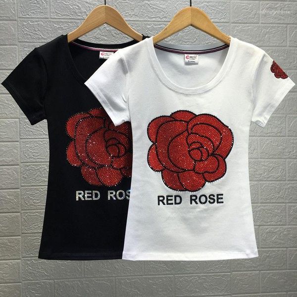 Camisetas para mujer CINESSD 2023, camiseta de cuello redondo con bordado pesado de rosas, camisa de manga corta ajustada y versátil a la moda