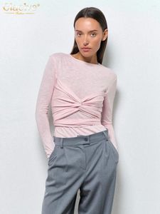 T-shirts femme Clacive moulante rose tricoté T-Shirt décontracté col rond manches longues élégant Chic solide T-Shirt haut femme vêtements 2024