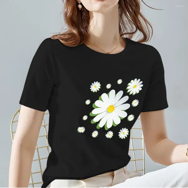 T-shirts Femmes Classic Femme Street T-shirt Casual Punk Top 3D Daisy Fleur Motif Dames O Cou Commuter Slim Fit Noir Manches Courtes