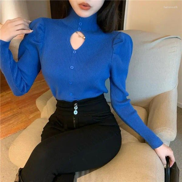 T-shirts pour femmes vêtements tendance élégante décontracté coréen mince intérieur rodage sous-couche boutons de couleur unie col roulé à manches longues T-shirts