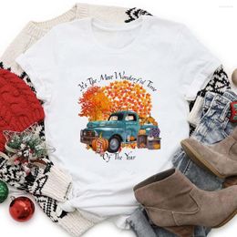 Camisetas para mujer Ropa Patrón de moda navideña Camiseta de manga corta con estampado de coche de calabaza versátil Camiseta informal.