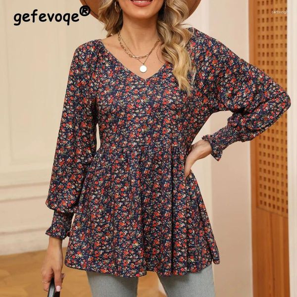 Camisetas para mujer Ropa Vintage con volantes Estampado floral Camisetas sueltas elegantes Moda de otoño para mujer Casual Cuello en V Manga larga Túnica Tops