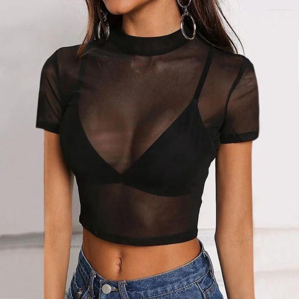 T-shirt à manches courtes pour femme, haut transparent, en maille Pure, Sexy, débardeur, été, # H