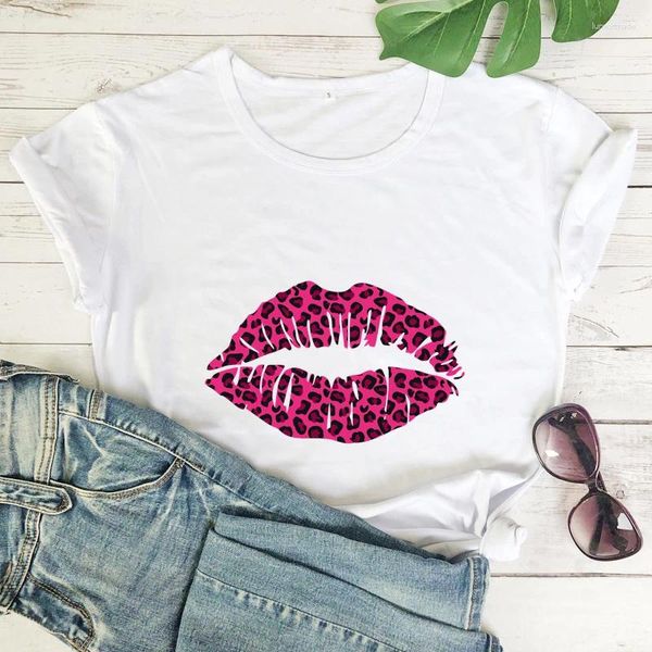 T-shirts femmes couleur léopard rose lèvres T-shirt mignon femmes saint valentin cadeau T-shirt drôle féministe graphique T-shirt petit haut