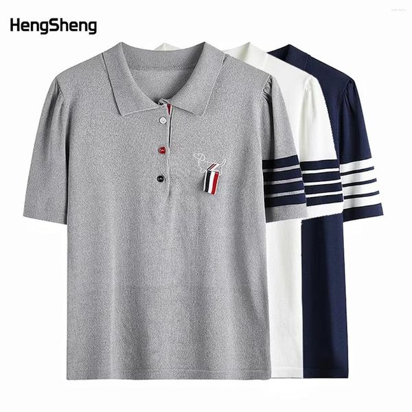 T-shirts pour femmes Ruban de chien coloré Tricot à manches courtes T-shirt avec col polo et trois boutons d'été chemise supérieure style coréen