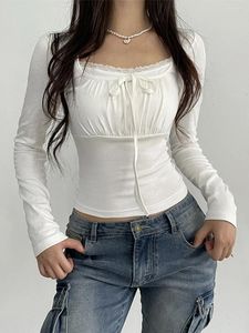 T-shirts pour femmes Combhasaki Y2K Vintage Kawaii Printemps Automne Mode Tops Blanc À Manches Longues En Dentelle Froncé Noeud Noeud Tie Up T-shirt