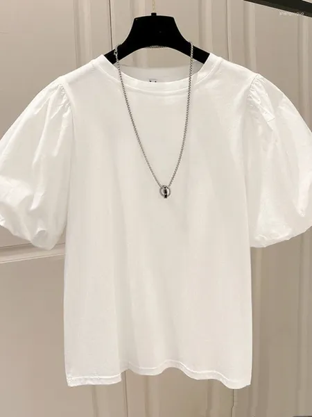 T-shirts pour femmes coton 2024 été en coréen col rond bulle manches courtes bouffantes t-shirt ins mode tee dame tops blanc noir t-shirts