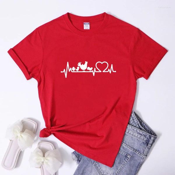 Camisetas de mujer Camiseta de algodón con latido del corazón de pollo Camiseta linda de regalo para chica de campo Camiseta divertida de manga corta para mujer Hipster Farm Life Camiseta Top