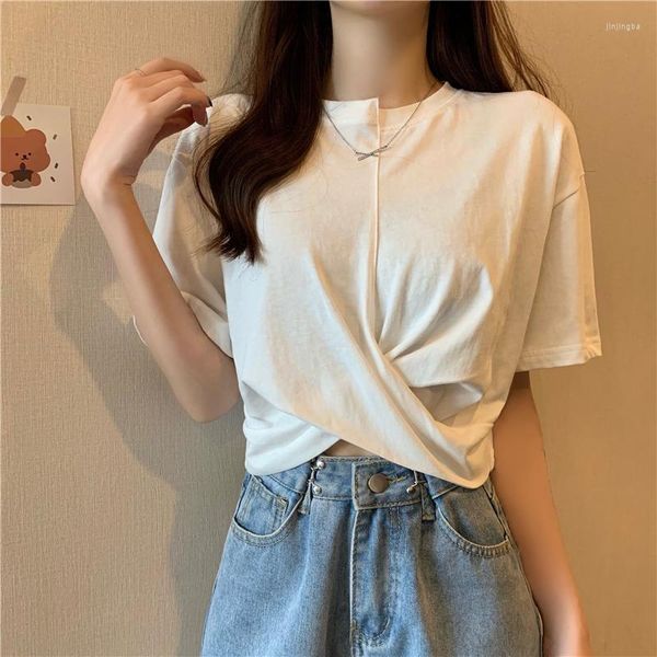 Camisetas de algodón entrecruzadas para mujer, Túnica Sexy blanca, Top corto fino ajustado, camisa de manga corta para mujer, informal Harajuku coreano 2023