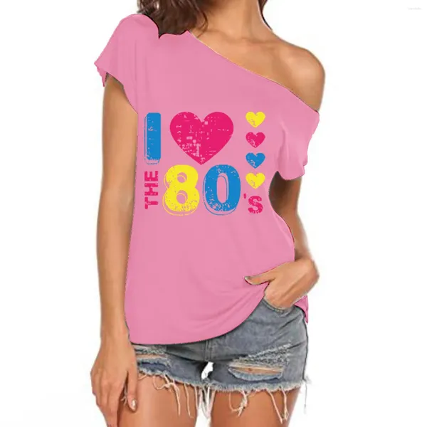 Camisetas para mujer Camisa de poliéster y spandex de algodón para mujer, camisetas con hombros descubiertos I Love The 80s, disfraces de discoteca para niño y niña