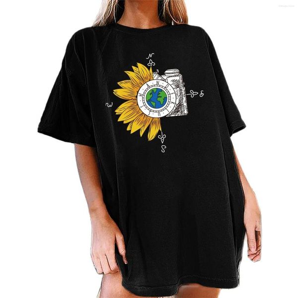 T-shirt en coton pour femmes, tendance, tournesol, chemisier, vêtements pour femmes, Y2k, Tops esthétiques, chemise surdimensionnée, T-shirt gothique Harajuku