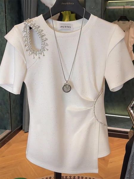 T-shirts Femmes Coton Femme T-shirts Mode Casual T-shirts blancs Creux Diamant Tempérament T-shirts Tunique Vêtements d'été 2024 Ropa